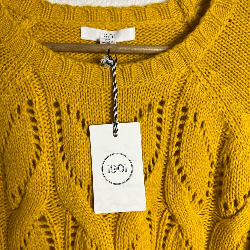 1901 Mustard Yellow Chunky Piontelle Knit Crewneck Pullover Sweater Size L - Picture 3 of 9
